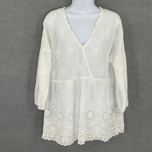 J Jill Top Sz S White Embroidered Eyelet Peasant Tunic V Neck‎ 3/4 Sleeve Sheer